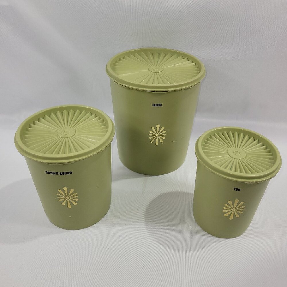 Vintage Tupperware Servalier Canister Set of 3 Sunburst Avocado Green